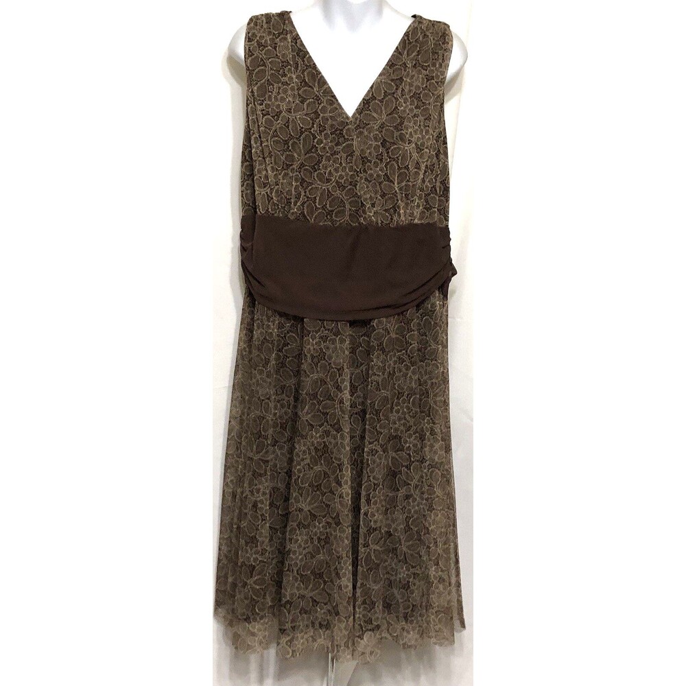 London Times Sleeveless Midi Dress 20W Brown Floral Lace Sash Tie Waist Fairy